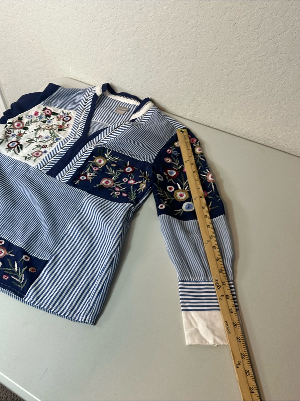 Chico’s Embroidered Floral Striped Patchwork Boho Peasant Blouse Size 2P - Picture 8 of 11